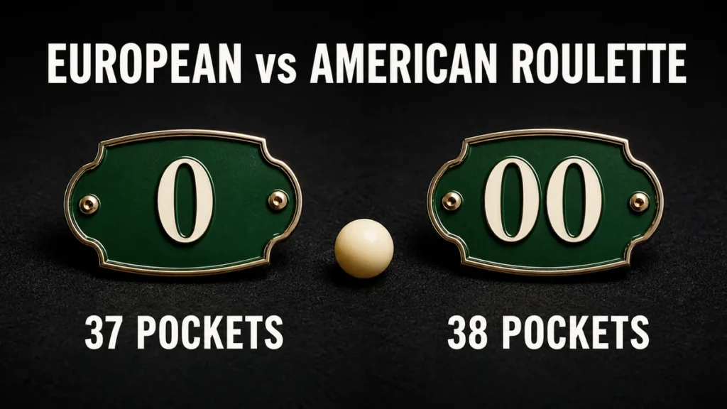 European roulette has 37 pockets and a single zero; American roulette has 38 pockets including zero and double zero.