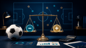 Asian handicap betting guide with football, balance scale, and plus and minus symbols