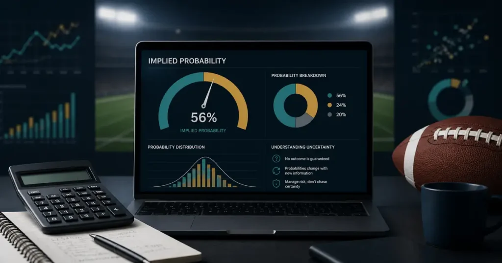 Laptop probability dashboard and calculator explaining implied probability in betting