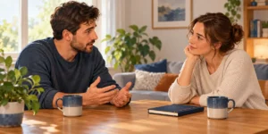 Two adults having a calm, supportive conversation at a table with a notebook and mugs